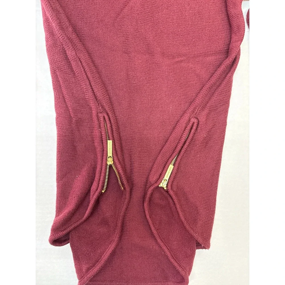 Michael Michael Kors Burgundy Knit Tunic Sweater Side Zippers Crew Neck Womens M